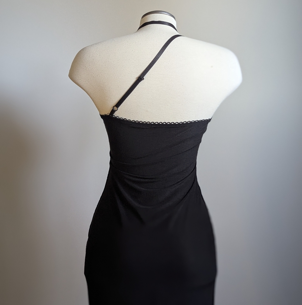 Y2K Black Halter Neck Midi Dress Strap 2000s Bodycon Party Cocktail Raw Edge - Picture 3 of 15
